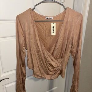 Vetior Women's Beige Long Sleeve Wrap Blouse
